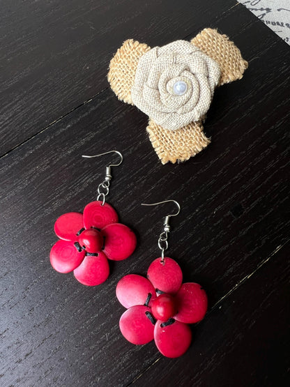 Red flower beaded earrings Tagua earrings Handmade statement earrings with hypoallergenic hooks Dangle earrings Wearable art Fall fashion