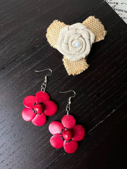 Red flower beaded earrings Tagua earrings Handmade statement earrings with hypoallergenic hooks Dangle earrings Wearable art Fall fashion