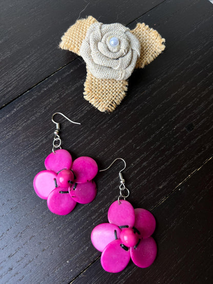 Hot pink flower beaded earrings Tagua earrings Handmade statement earrings Dangle earrings Wearable art Fall fashion Hypoallergenic earrings