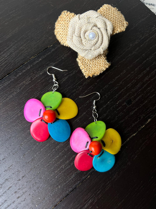Multi color flower beaded earrings Tagua earrings Handmade statement earrings Rainbow floral dangle earrings Wearable art Fall fashion