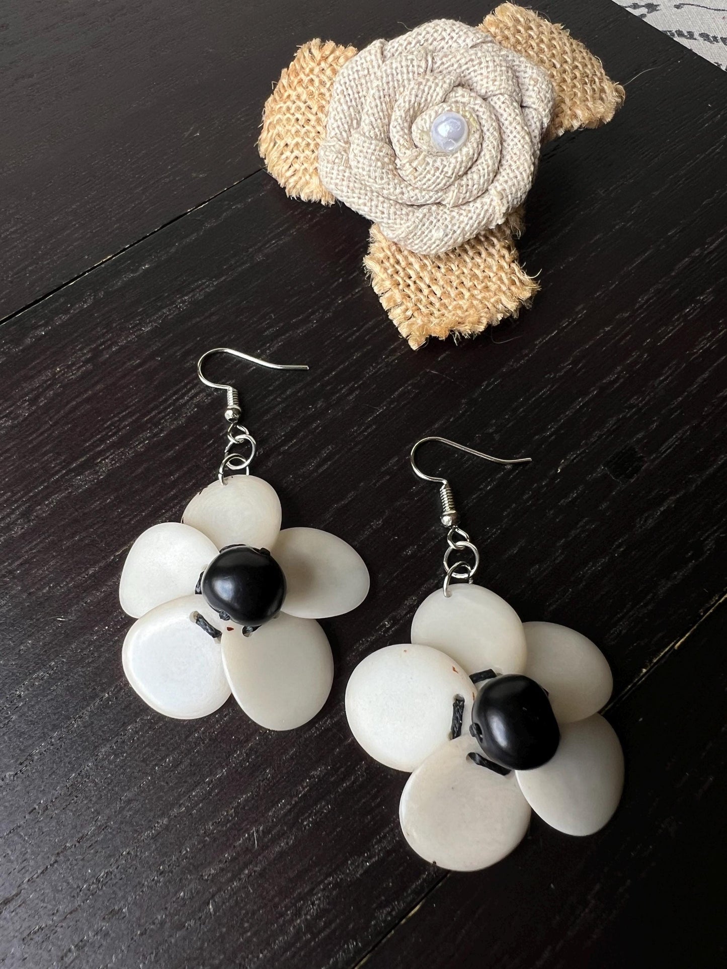 Black and white flower beaded earrings Tagua earrings Handmade statement earrings Dangle earrings Wearable art Fall fashion Elegant earrings