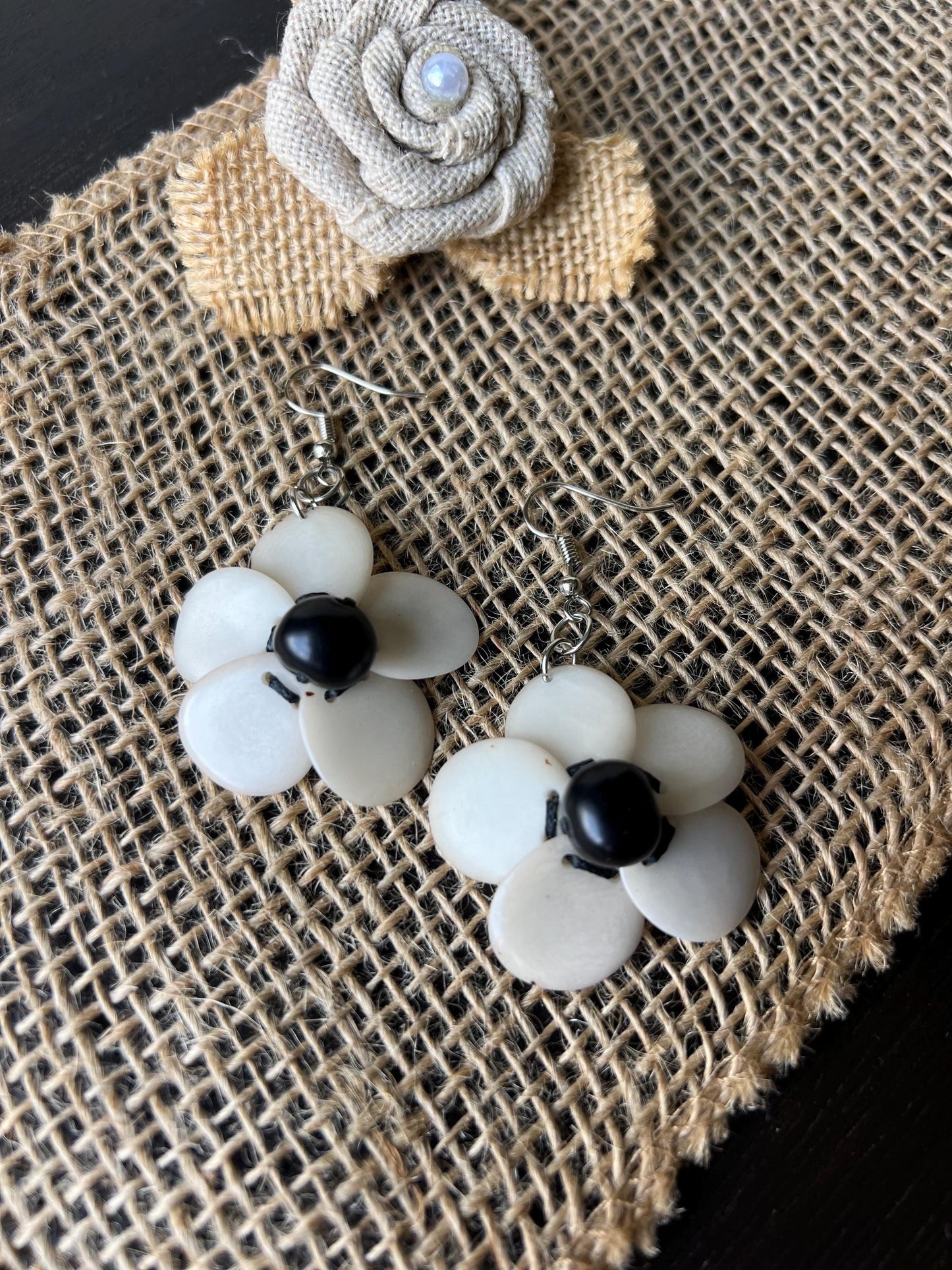 Black and white flower beaded earrings Tagua earrings Handmade statement earrings Dangle earrings Wearable art Fall fashion Elegant earrings