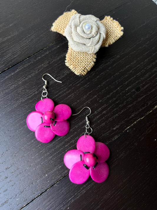 Hot pink flower beaded earrings Tagua earrings Handmade statement earrings Dangle earrings Wearable art Fall fashion Hypoallergenic earrings
