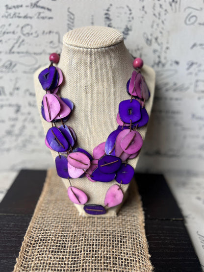 Purple and pink multi layer necklace Tagua jewelry Big bold necklaces Adjustable cord Statement necklace for women Wearable art Fall fashion