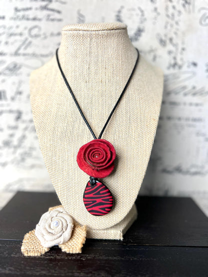 Red flower pendant necklace Dainty rose necklace Rose necklace Adjustable cord Art to wear Artistic necklace Feminine artsy gifts