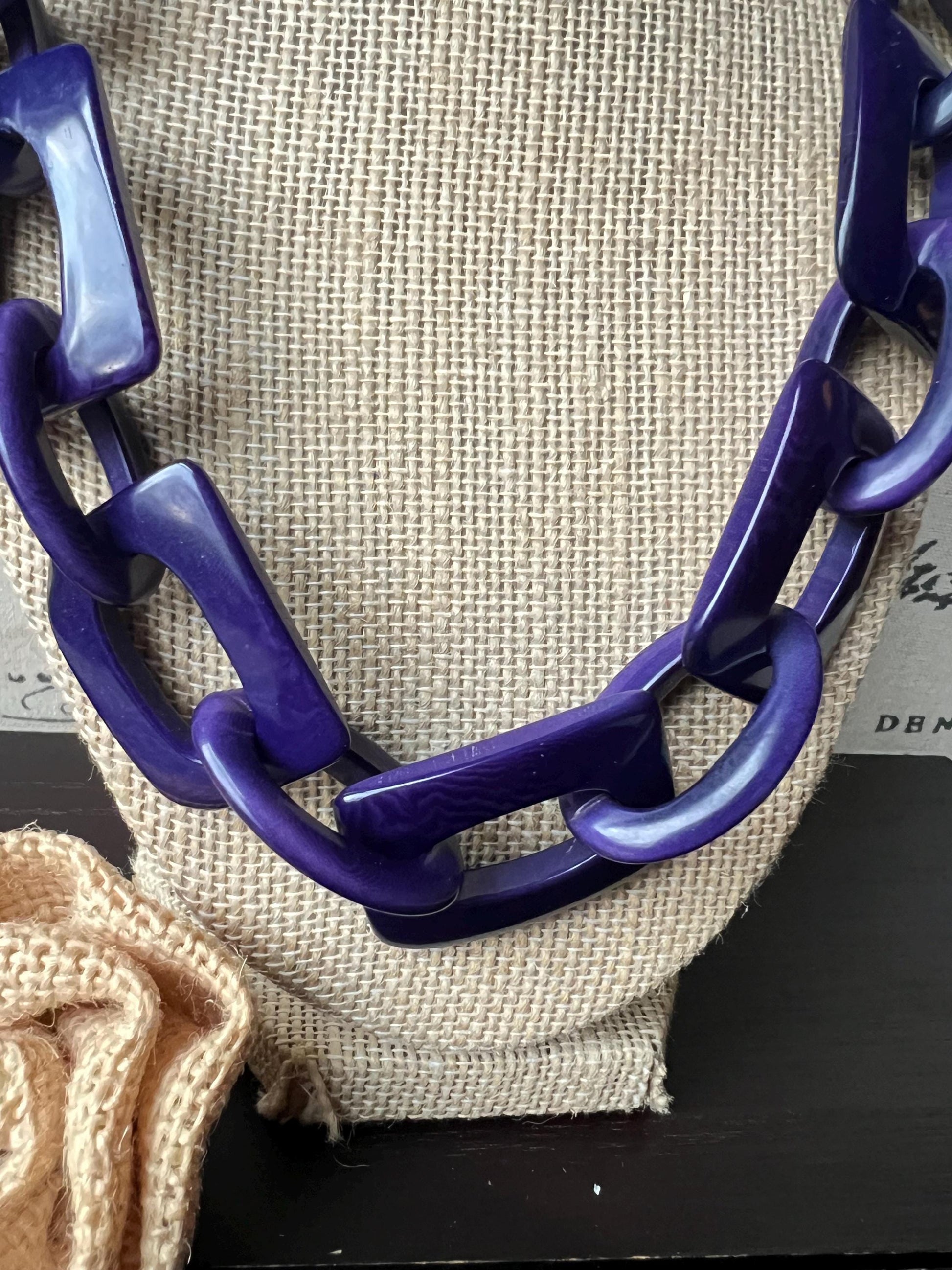 Purple blue chunky chain link necklace Adjustable cord Tagua jewelry Oversized beaded collar Geometric necklace Fall fashion Wearable art