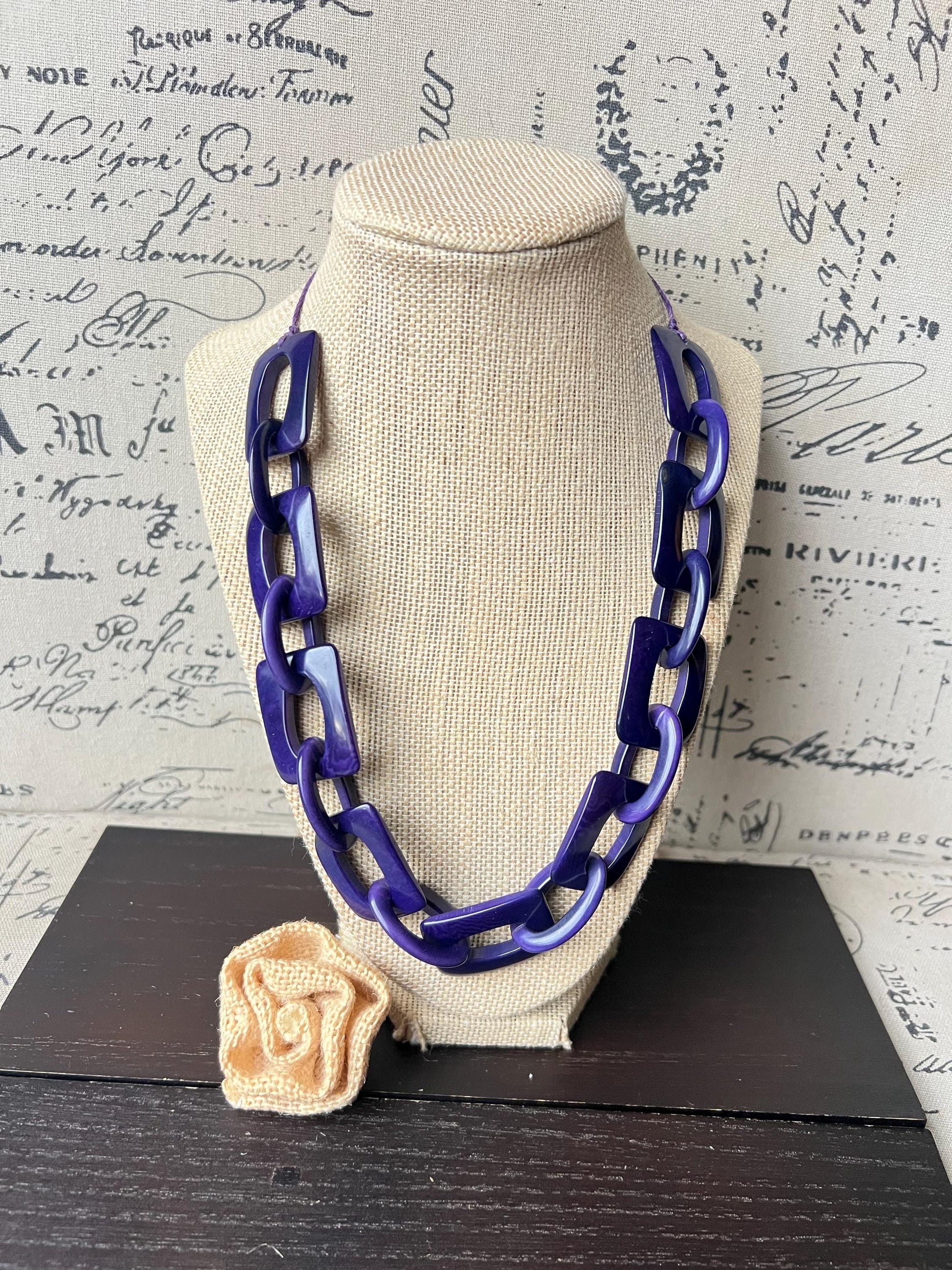 Purple blue chunky chain link necklace Adjustable cord Tagua jewelry Oversized beaded collar Geometric necklace Fall fashion Wearable art