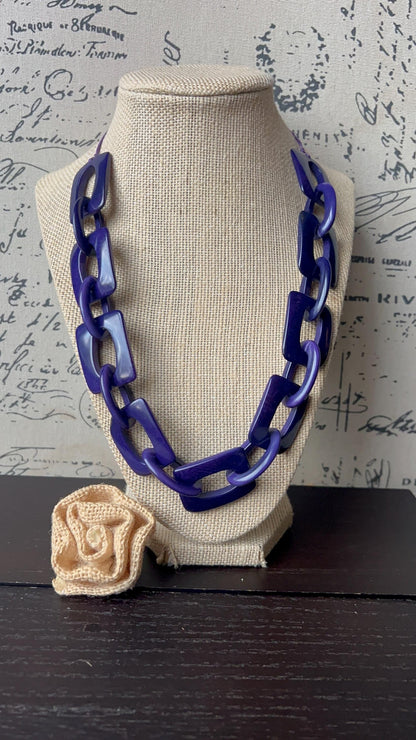 Purple blue chunky chain link necklace Adjustable cord Tagua jewelry Oversized beaded collar Geometric necklace Fall fashion Wearable art