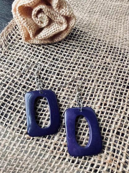 Purple blue statement earrings Dangle and drop earrings Fall fashion Tagua jewelry Artsy gifts Rectangle jewelry Wearable art Handmade