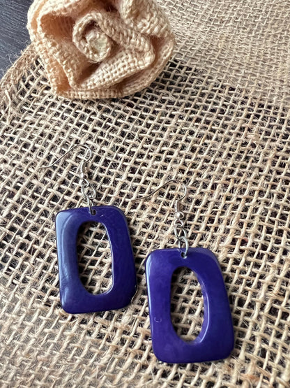 Purple blue statement earrings Dangle and drop earrings Fall fashion Tagua jewelry Artsy gifts Rectangle jewelry Wearable art Handmade
