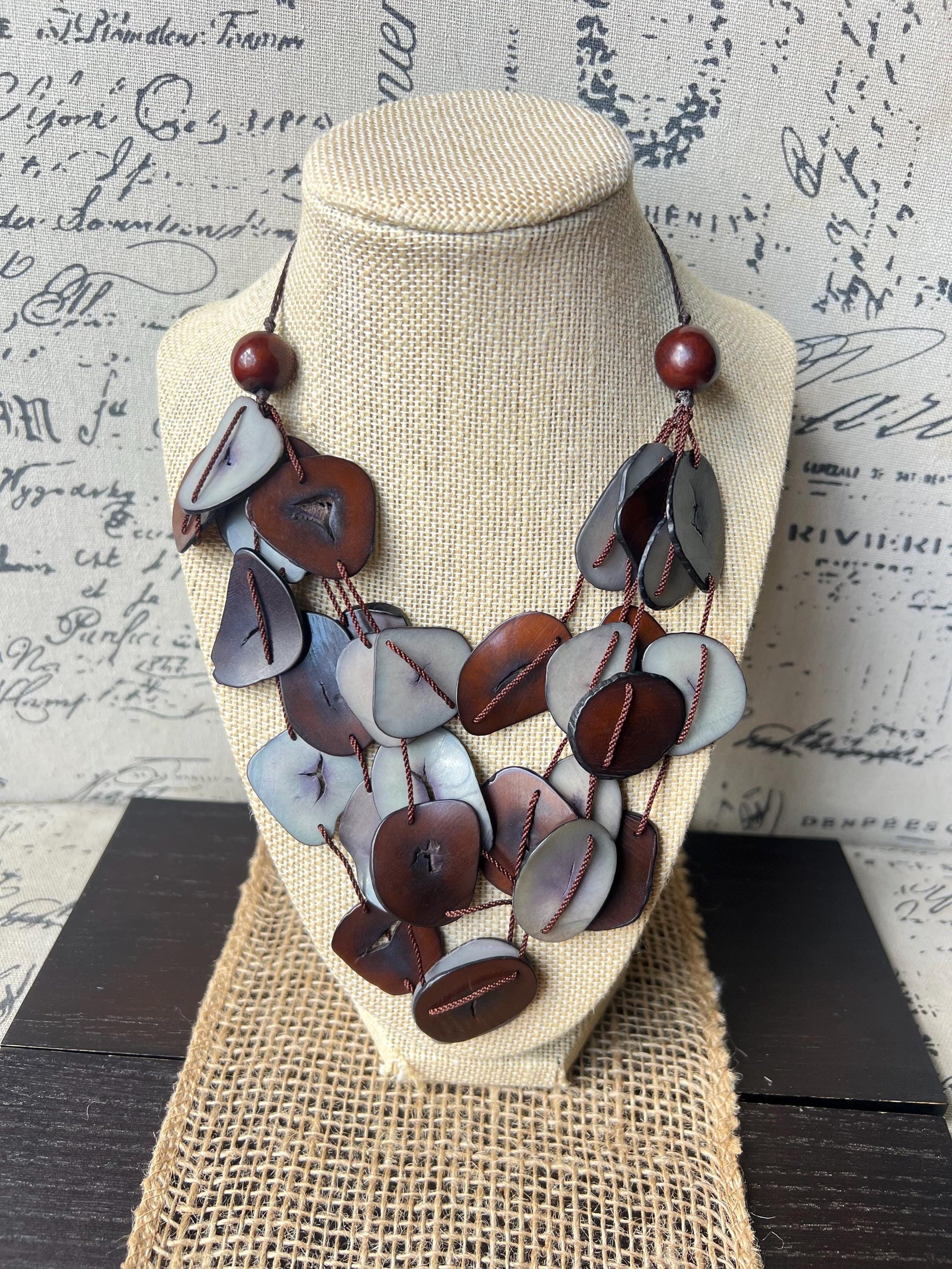 Brown and gray multi layer necklace Tagua jewelry Big bold necklaces Adjustable cord Triple strand statement necklace Artsy gifts Fall trend