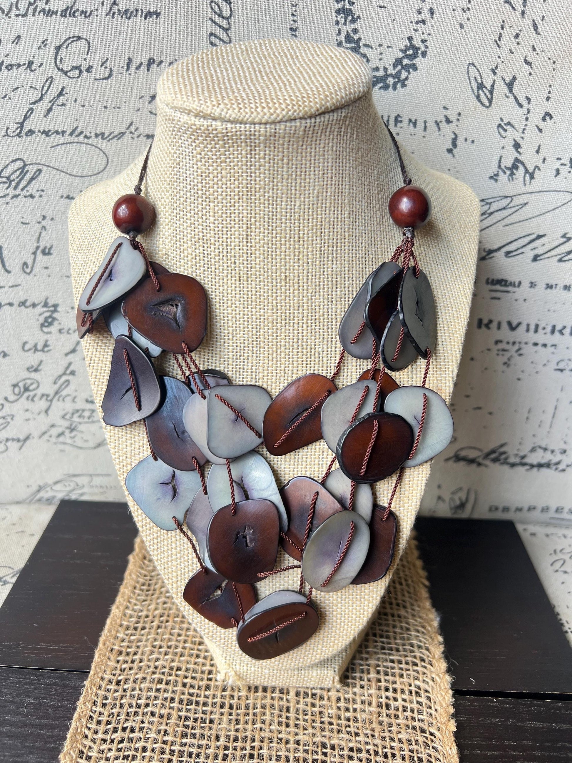 Brown and gray multi layer necklace Tagua jewelry Big bold necklaces Adjustable cord Triple strand statement necklace Artsy gifts Fall trend
