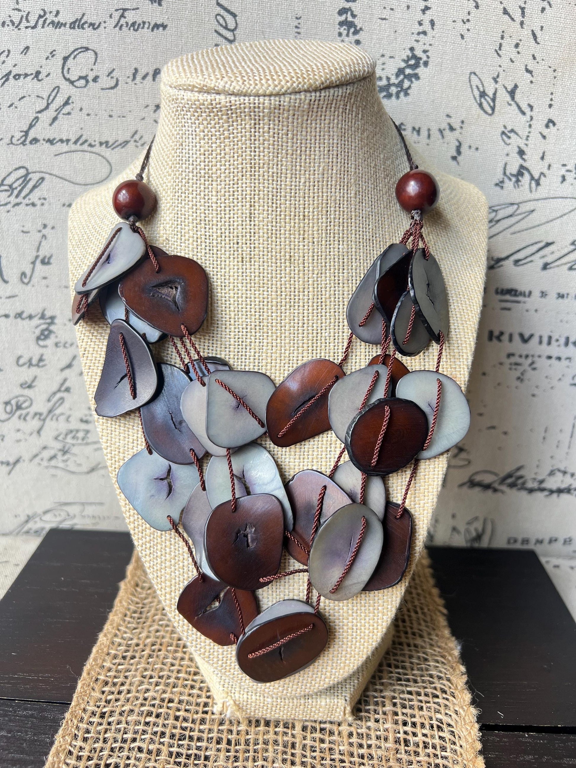 Brown and gray multi layer necklace Tagua jewelry Big bold necklaces Adjustable cord Triple strand statement necklace Artsy gifts Fall trend