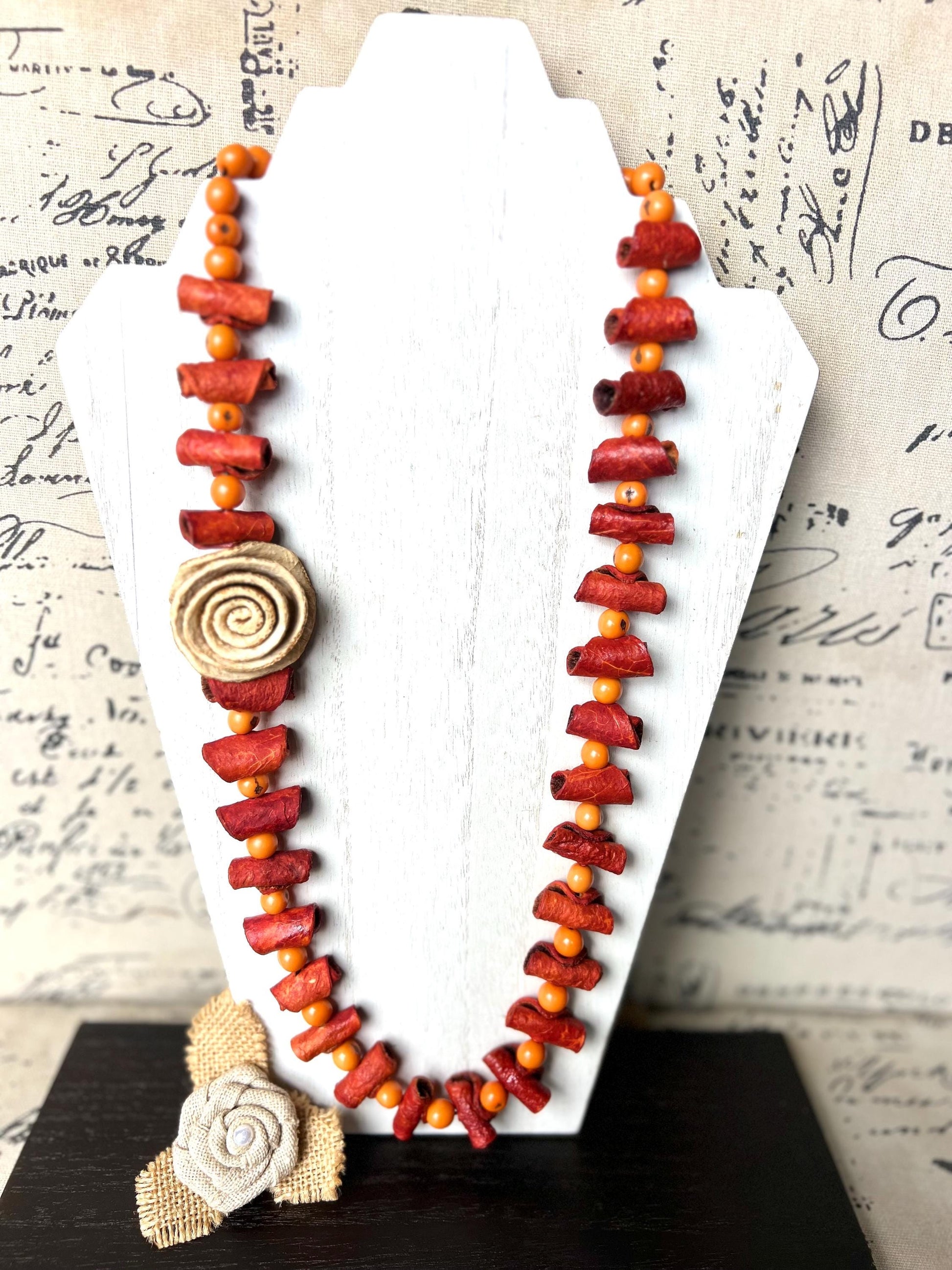 Orange flower necklace Adjustable cord Handmade statement necklace Big bold chunky necklace made with orange peel and acai seeds Lightweight