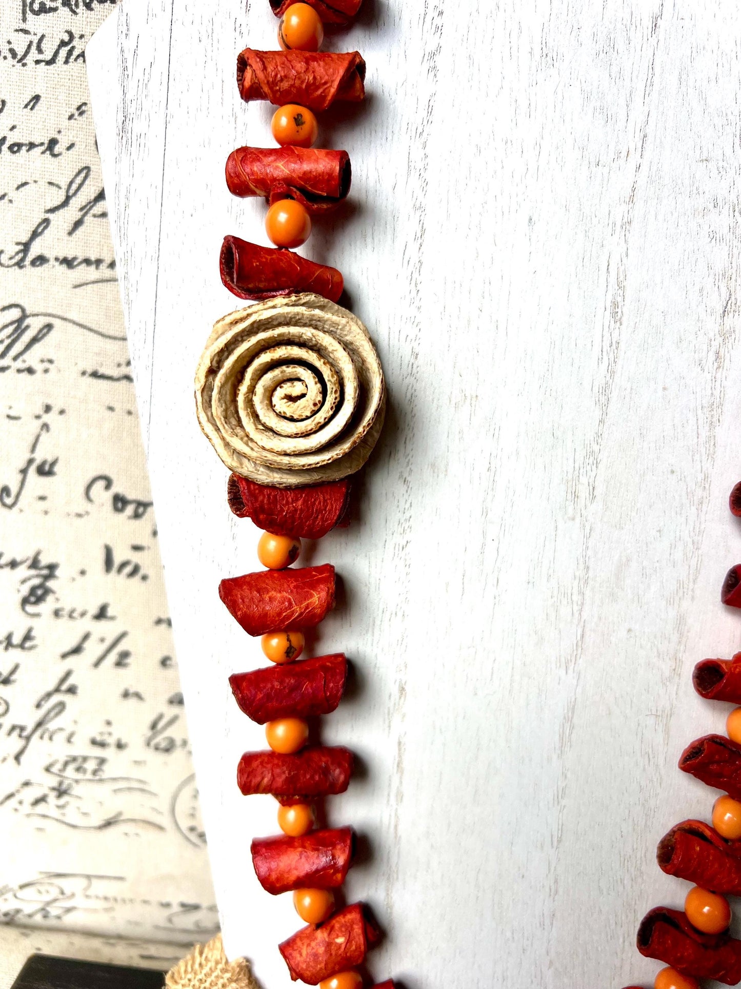 Orange flower necklace Adjustable cord Handmade statement necklace Big bold chunky necklace made with orange peel and acai seeds Lightweight