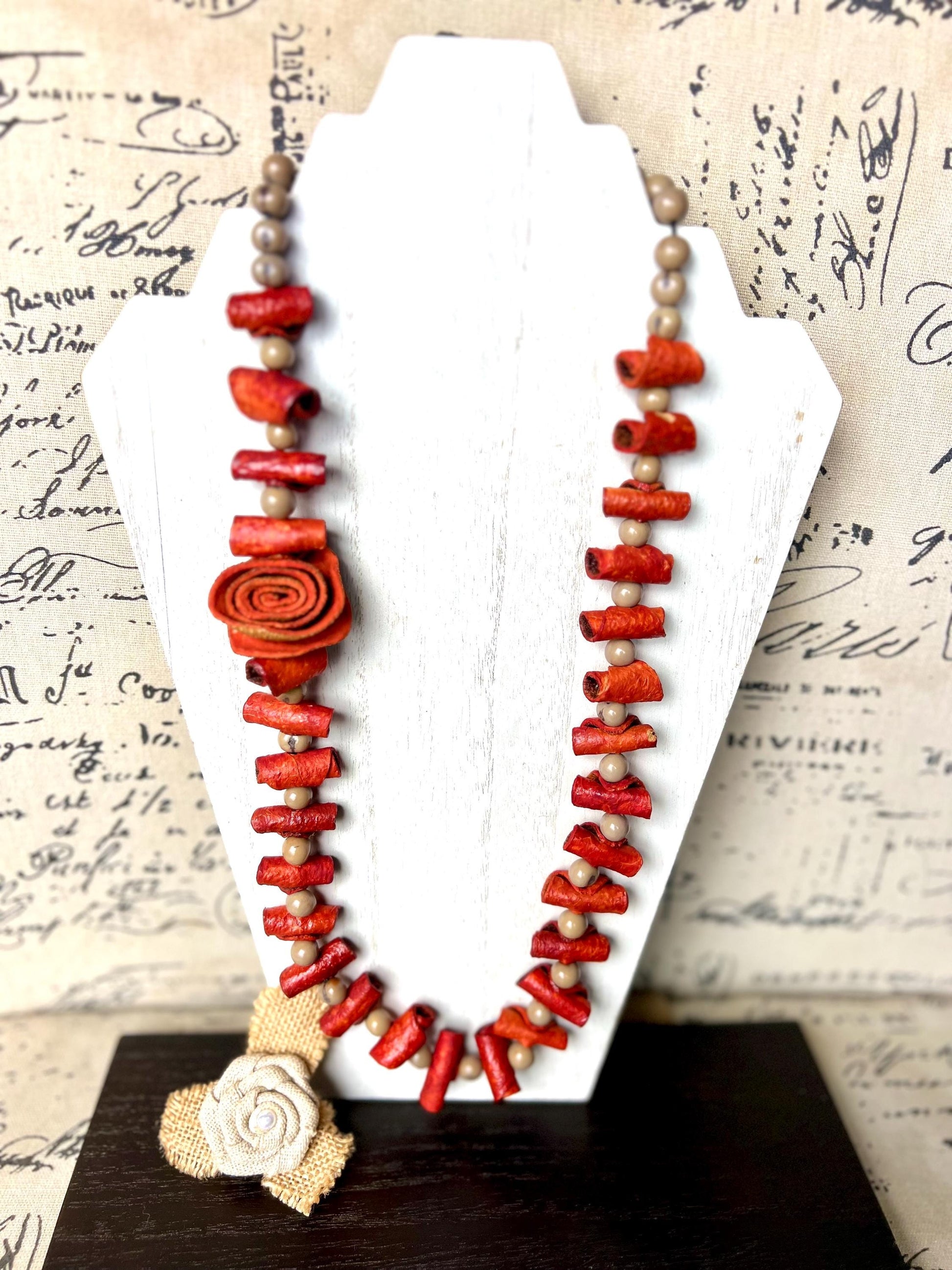 Orange flower necklace Adjustable cord Wearable art Handmade statement necklace Bold necklace made with orange peel and acai seeds