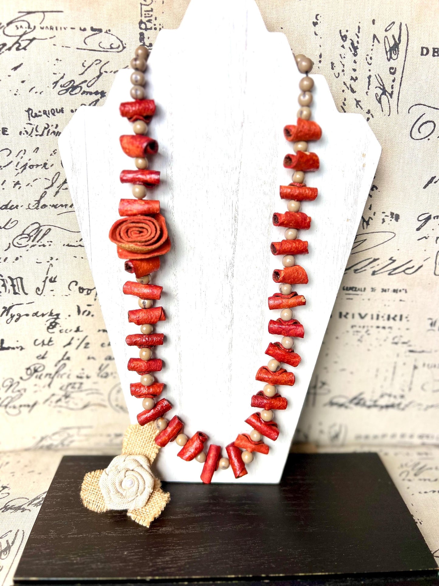 Orange flower necklace Adjustable cord Wearable art Handmade statement necklace Bold necklace made with orange peel and acai seeds