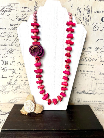 Hot pink flower necklace Adjustable cord Handmade statement necklace Big bold chunky necklace made with orange peel and lilac açaí seeds