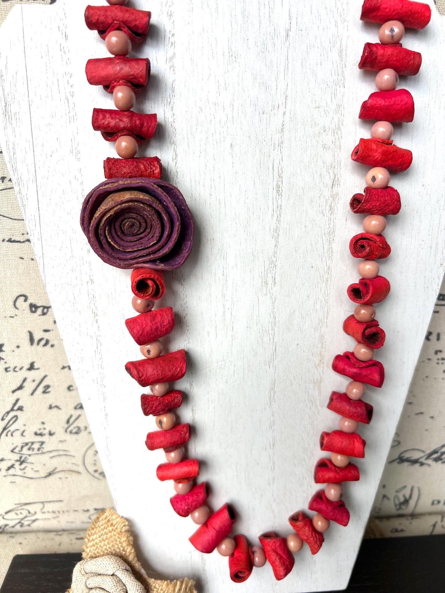 Hot pink flower necklace Adjustable cord Handmade statement necklace Big bold chunky necklace made with orange peel and lilac açaí seeds