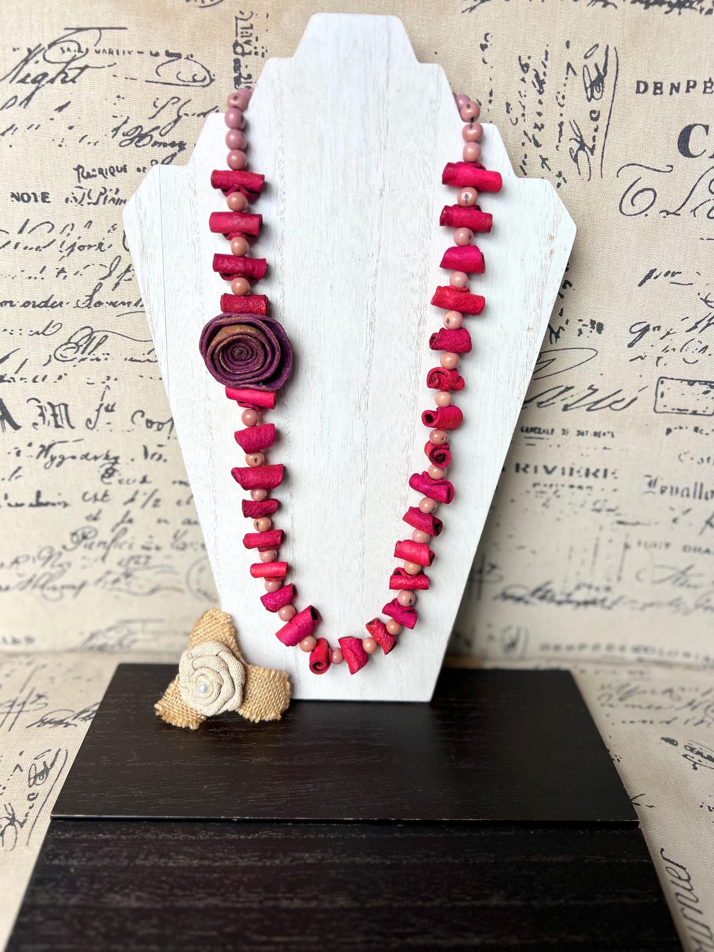 Hot pink flower necklace Adjustable cord Handmade statement necklace Big bold chunky necklace made with orange peel and lilac açaí seeds