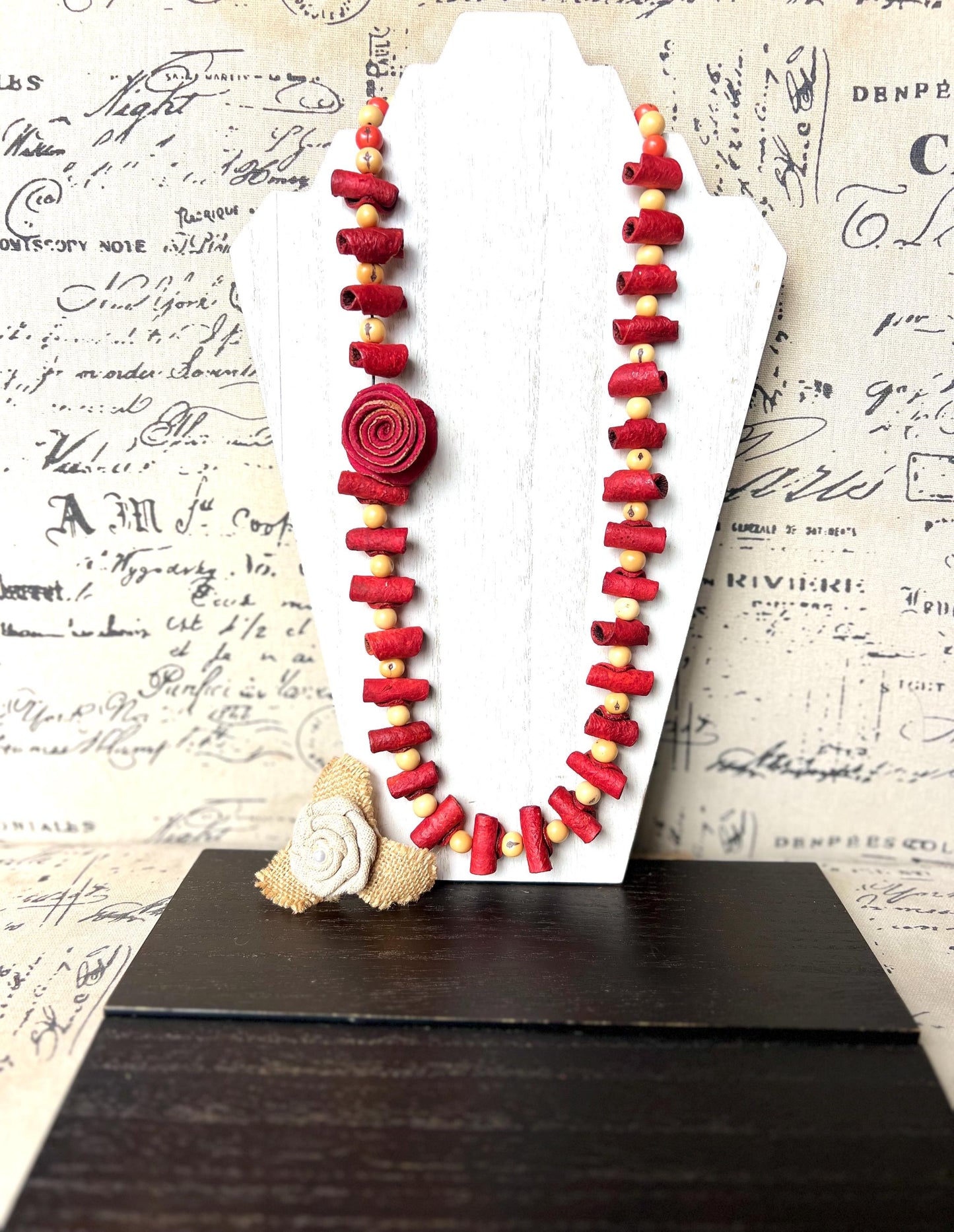 Red rose necklace Adjustable cord Handmade statement necklace Big bold chunky necklace made with orange peel and beige acai seed Lightweight