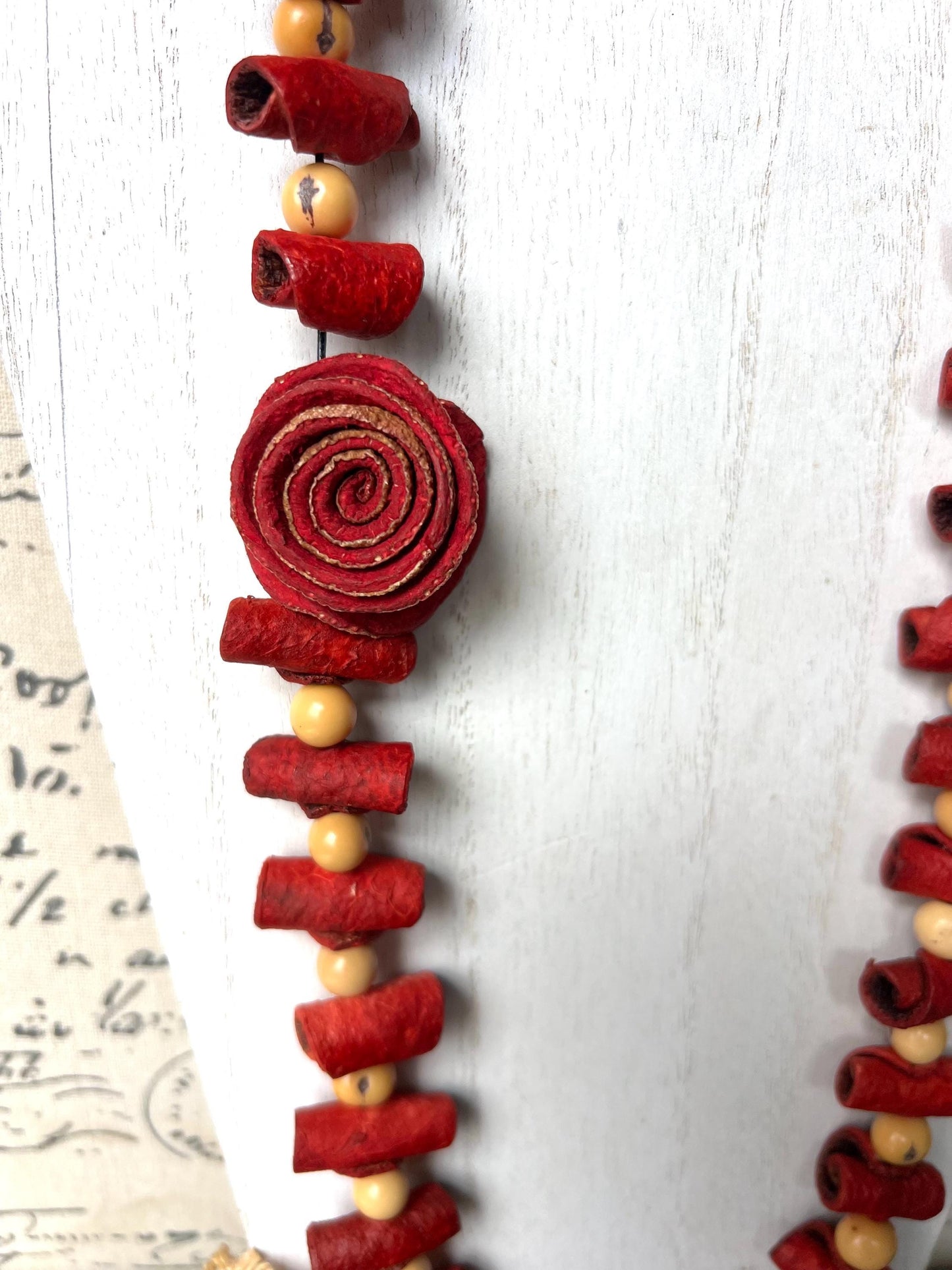 Red rose necklace Adjustable cord Handmade statement necklace Big bold chunky necklace made with orange peel and beige acai seed Lightweight
