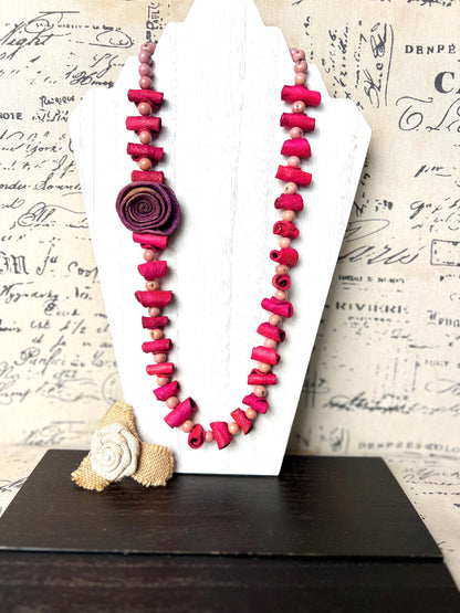 Hot pink flower necklace Adjustable cord Handmade statement necklace Big bold chunky necklace made with orange peel and lilac açaí seeds