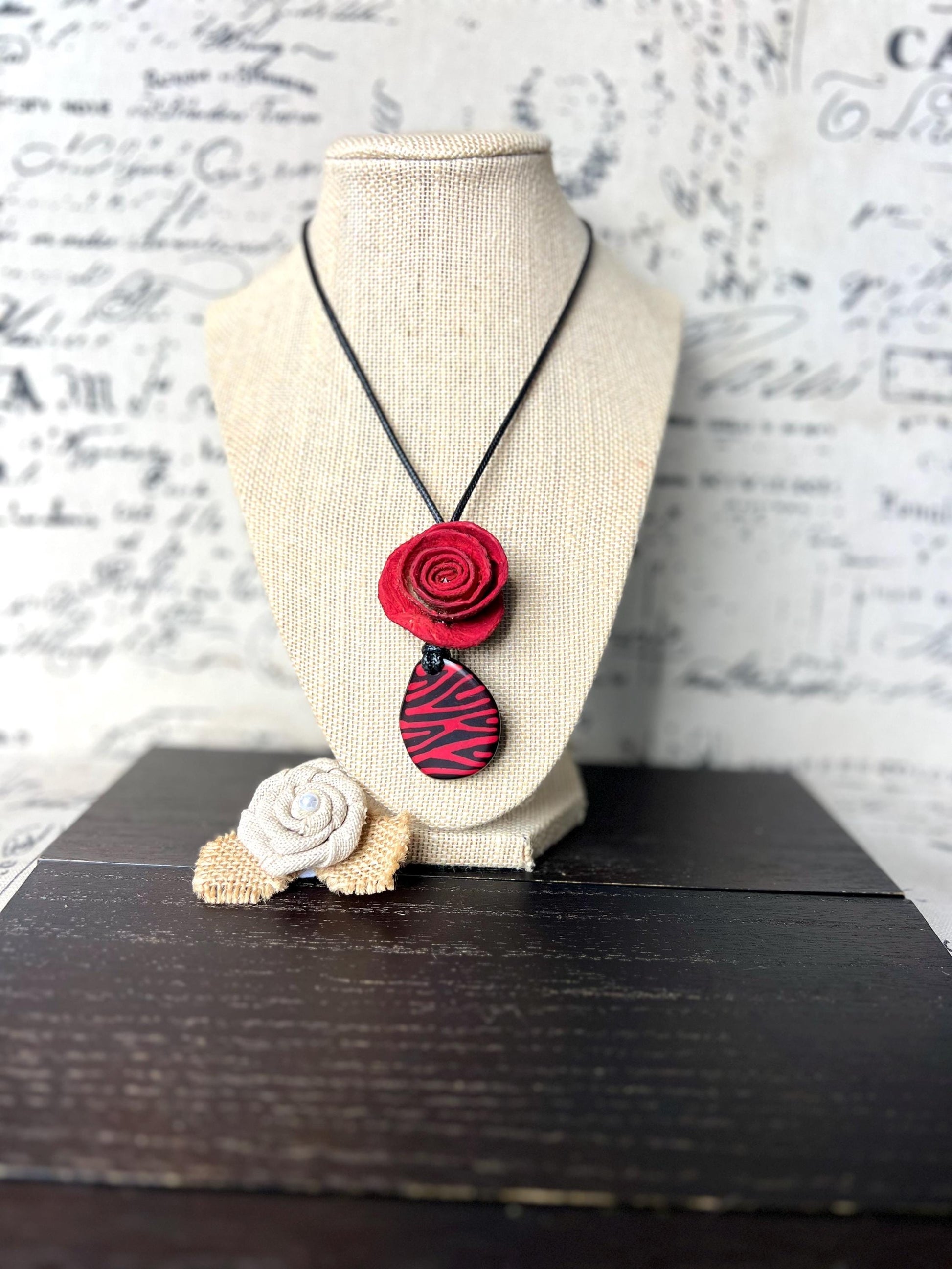 Red flower pendant necklace Dainty rose necklace Rose necklace Adjustable cord Art to wear Artistic necklace Feminine artsy gifts