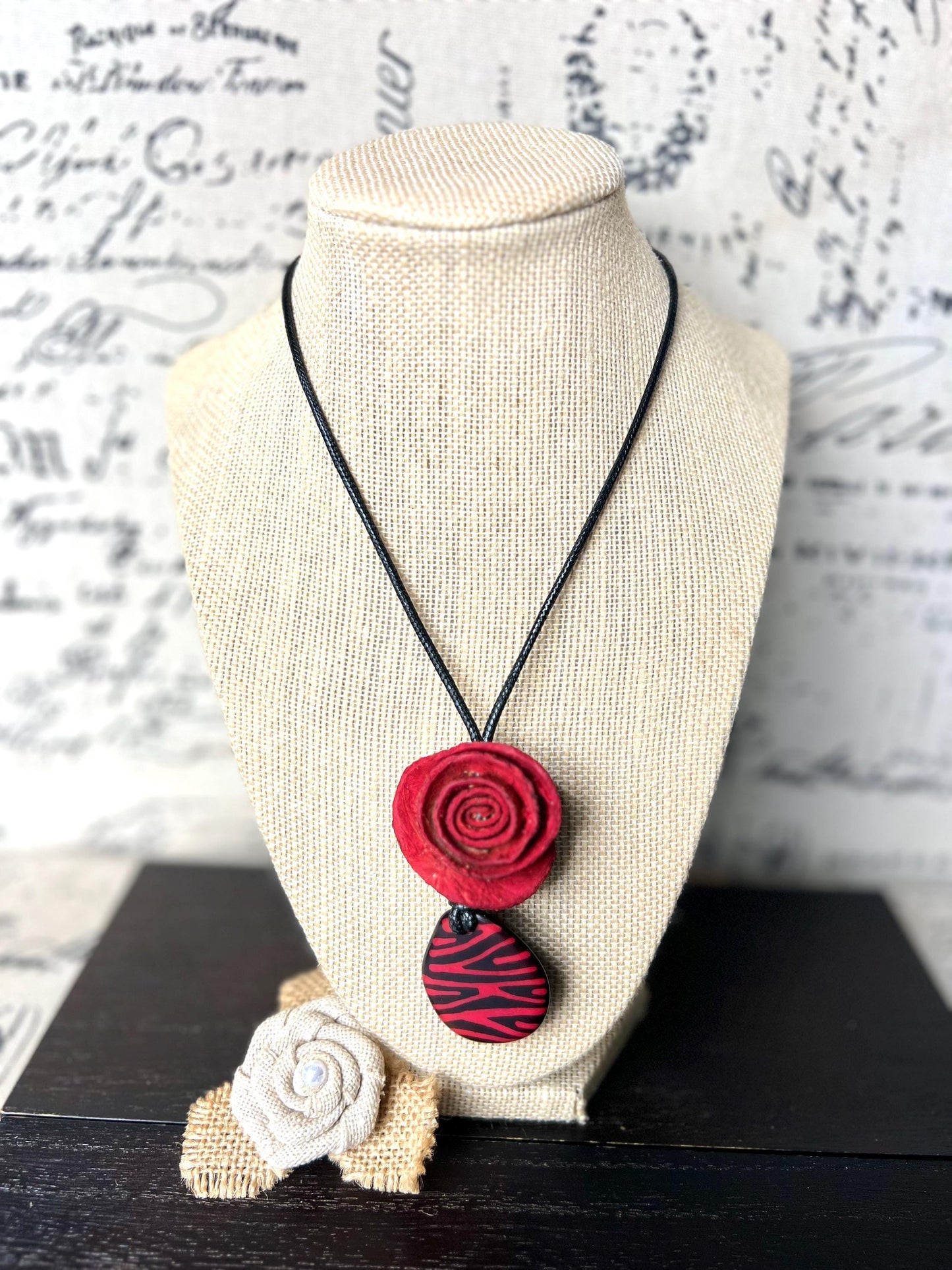 Red flower pendant necklace Dainty rose necklace Rose necklace Adjustable cord Art to wear Artistic necklace Feminine artsy gifts