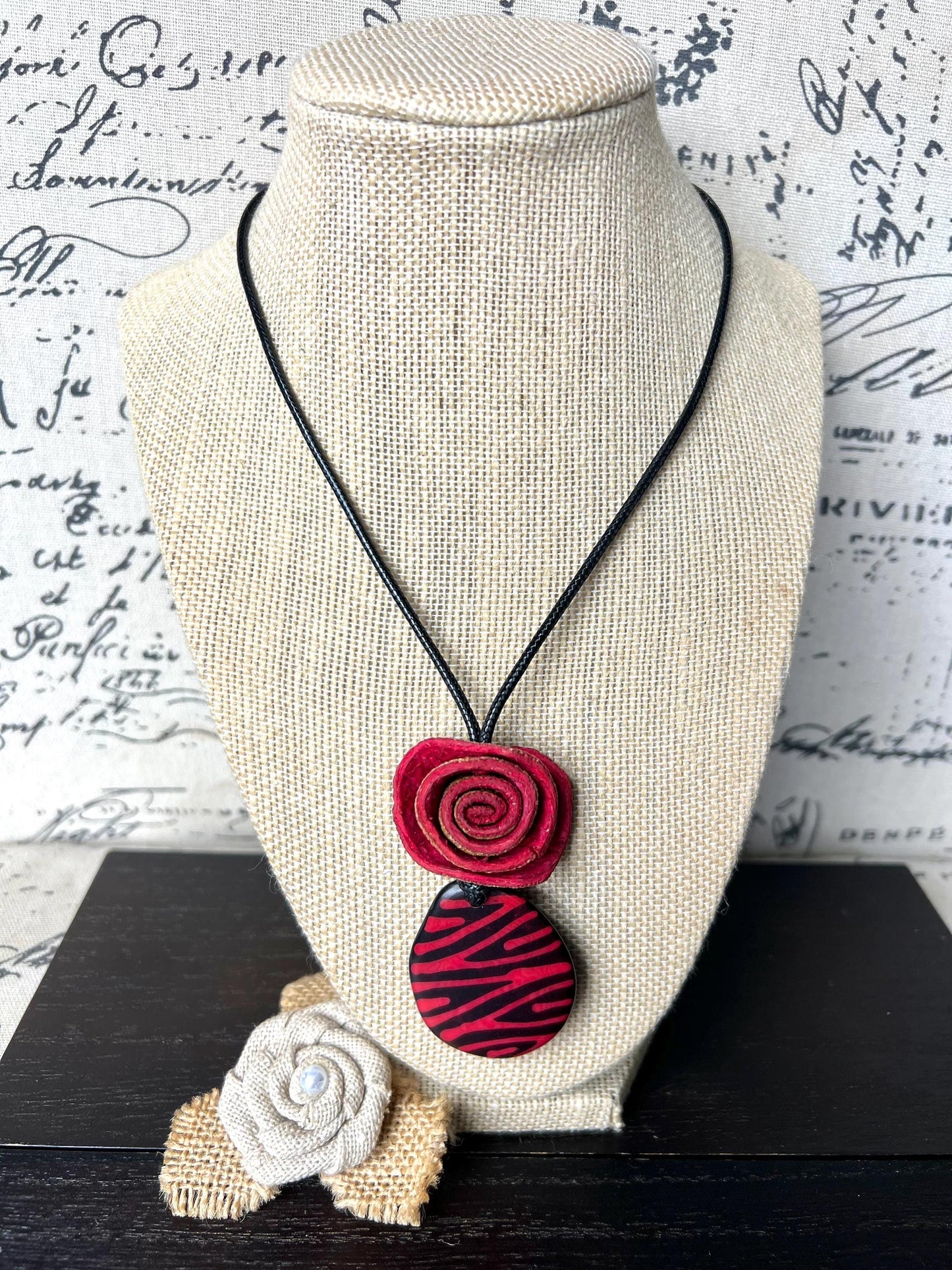 Red flower pendant necklace Dainty rose necklace Rose necklace Adjustable cord Art to wear Artistic necklace Feminine artsy gifts