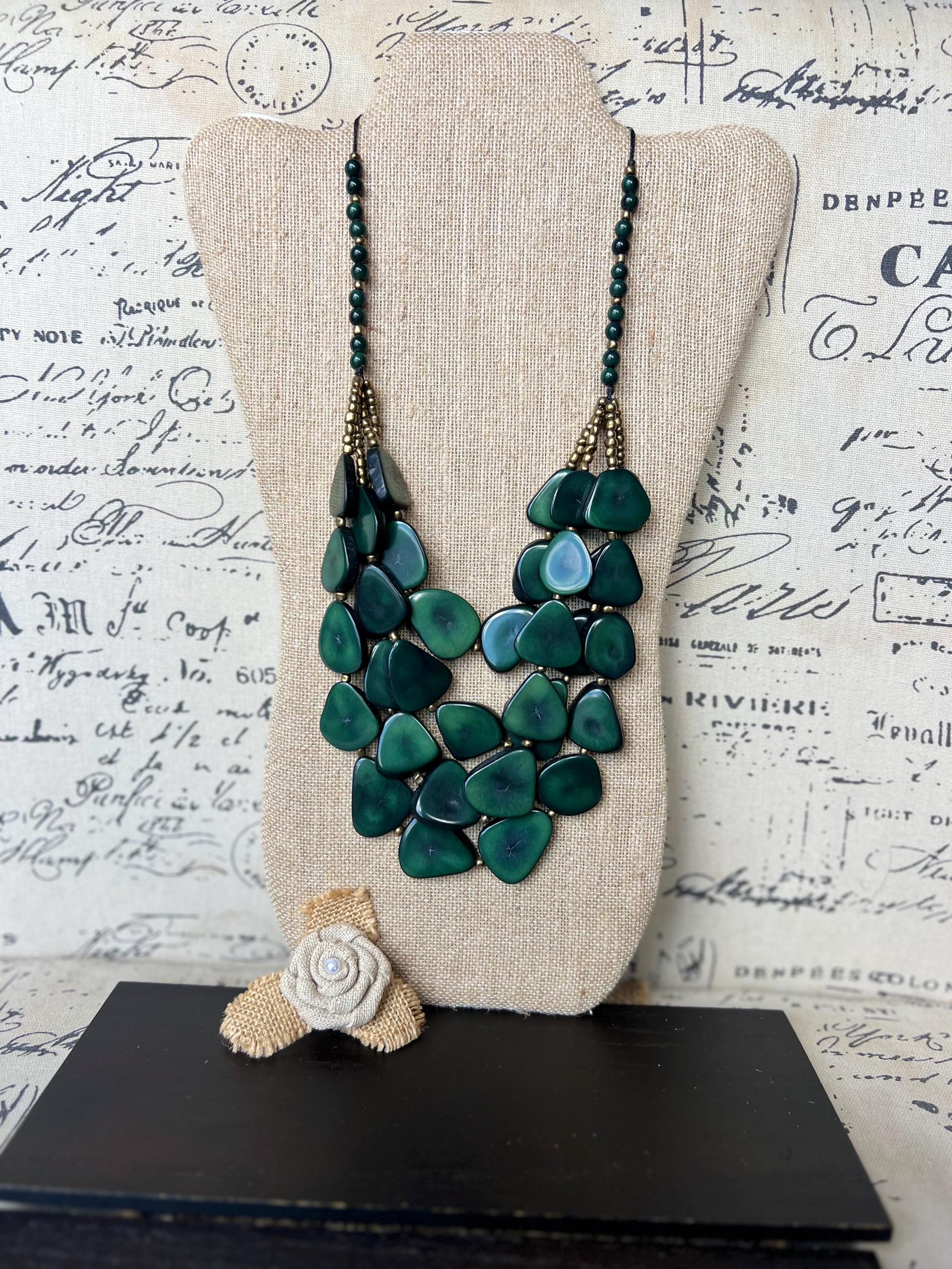 Dark green waterfall necklace Tagua jewelry Big bold necklaces Multi layer beaded necklace Fall Fashion Holidays trends Statement necklace