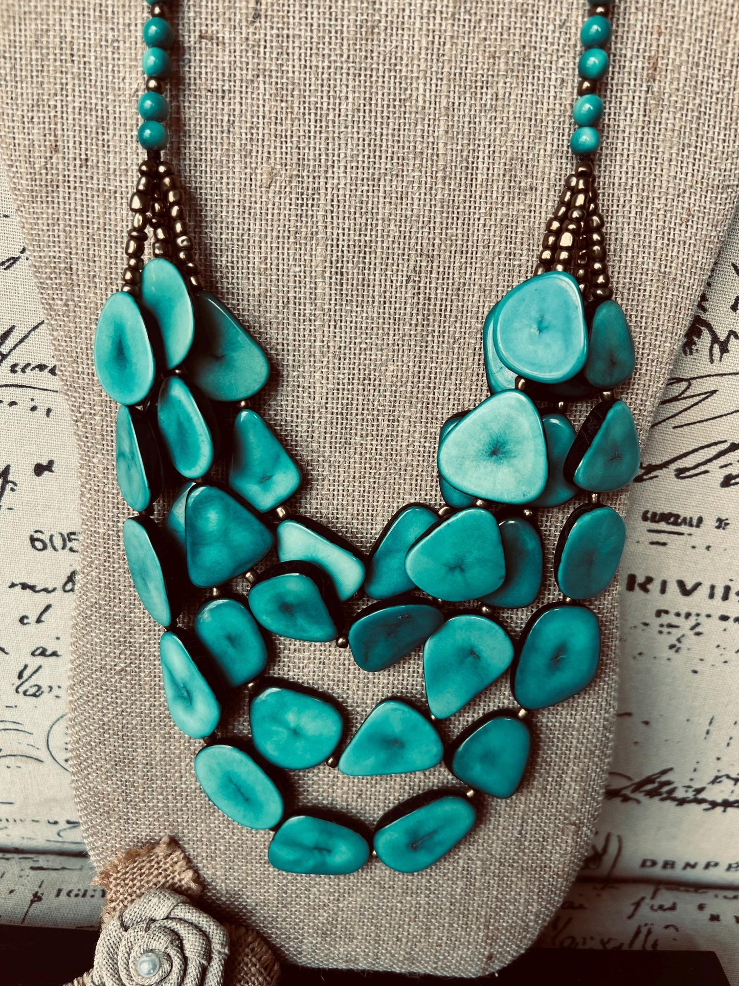 Turquoise green statement necklace Adjustable cord Tagua jewelry Big bold necklaces Multi layer beaded necklace Wearable art Fall fashion
