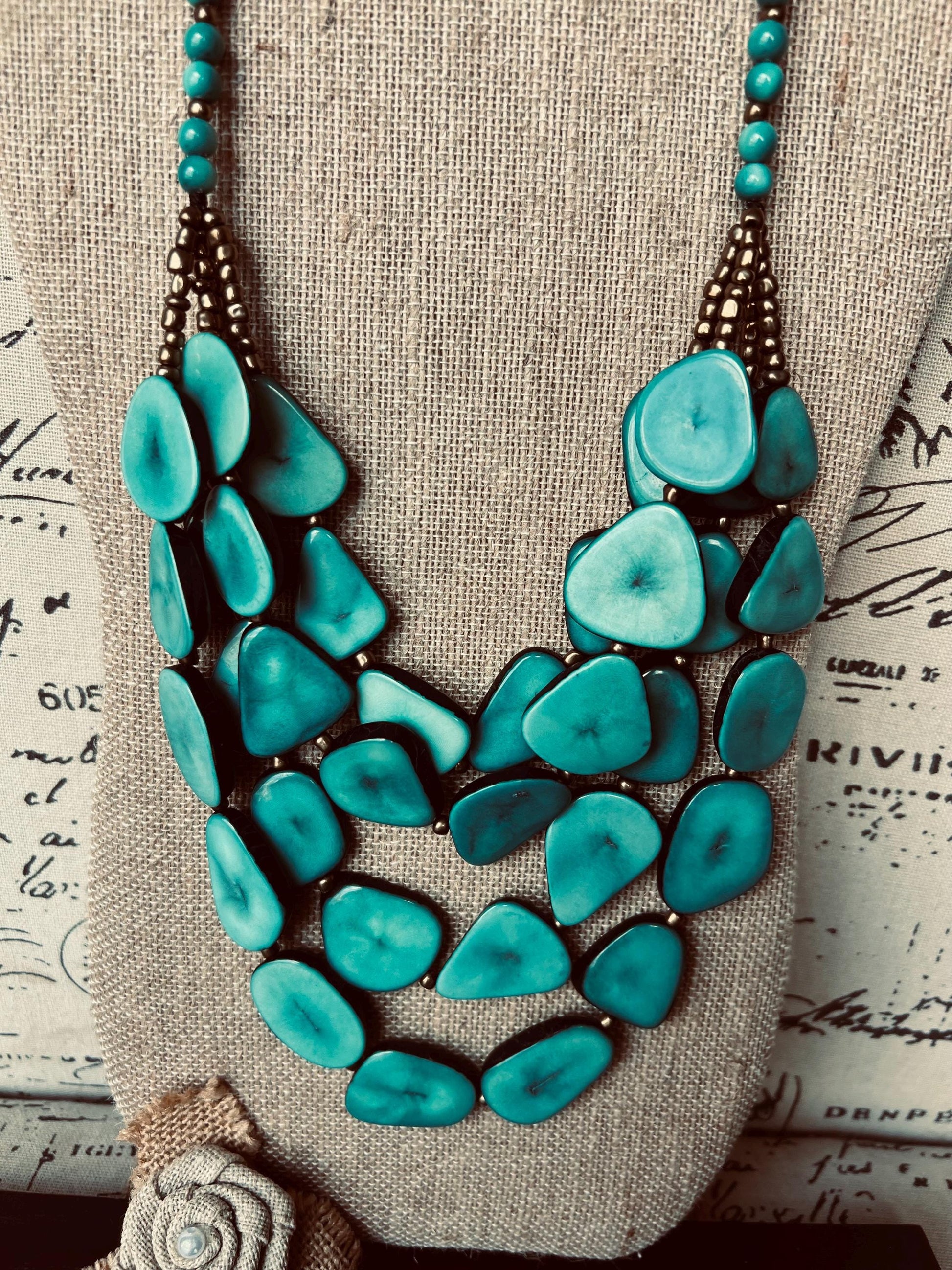 Turquoise green statement necklace Adjustable cord Tagua jewelry Big bold necklaces Multi layer beaded necklace Wearable art Fall fashion