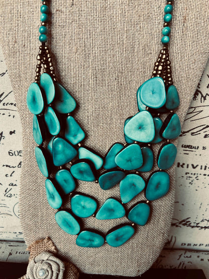 Turquoise green statement necklace Adjustable cord Tagua jewelry Big bold necklaces Multi layer beaded necklace Wearable art Fall fashion