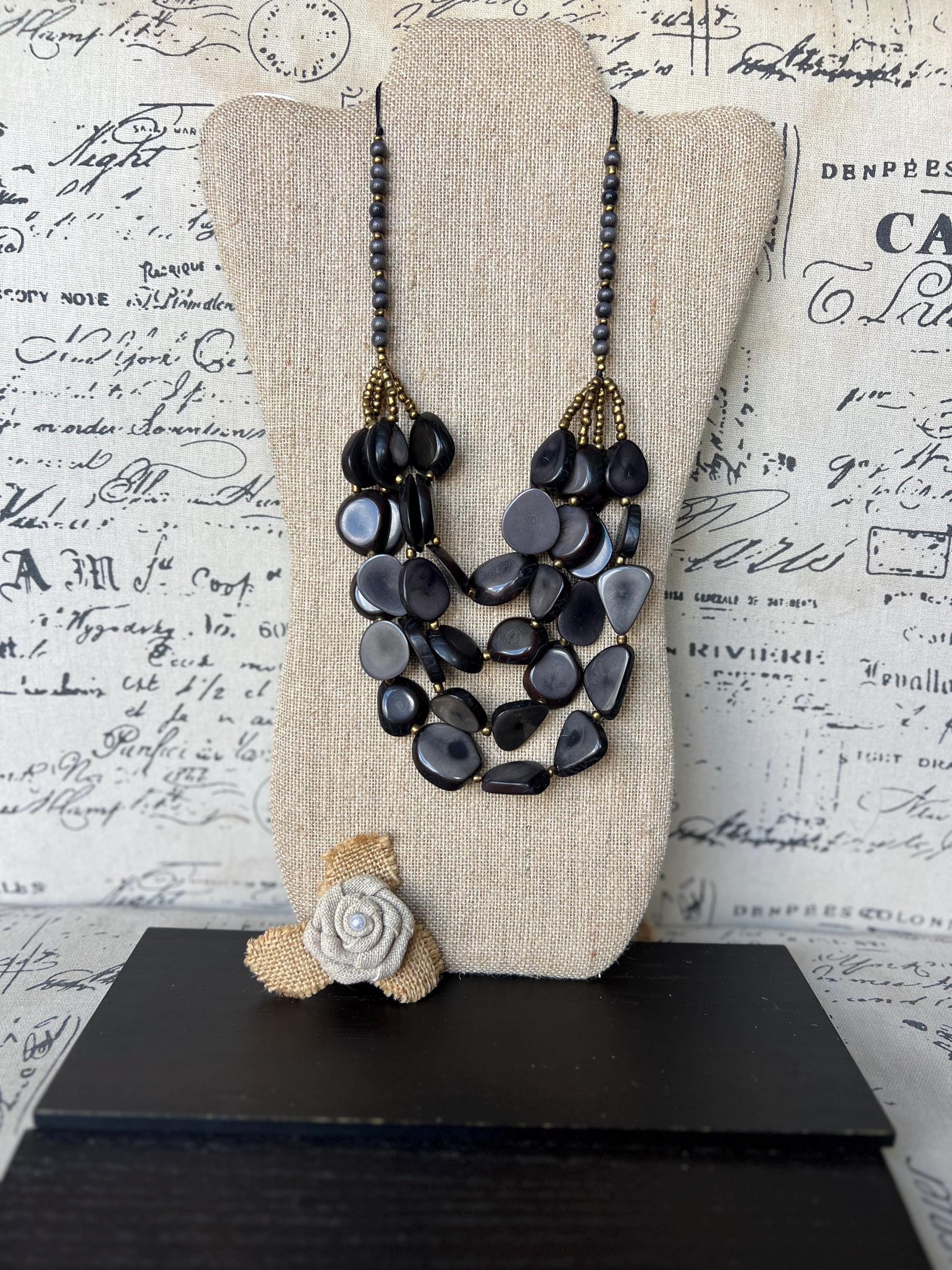 Gray multi layer statement necklace Tagua jewelry Big bold necklaces Adjustable cord Fashionable gifts Wearable art Fall fashion