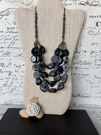 Gray multi layer statement necklace Tagua jewelry Big bold necklaces Adjustable cord Fashionable gifts Wearable art Fall fashion