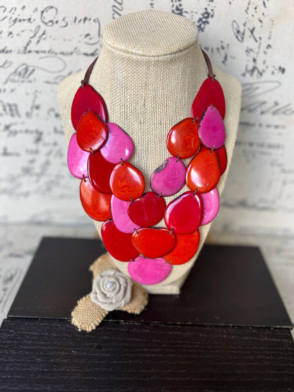 Pink orange and red multi layer beaded necklace Adjustable cord Tagua jewelry Big bold necklaces Wearable art Statement bead necklace