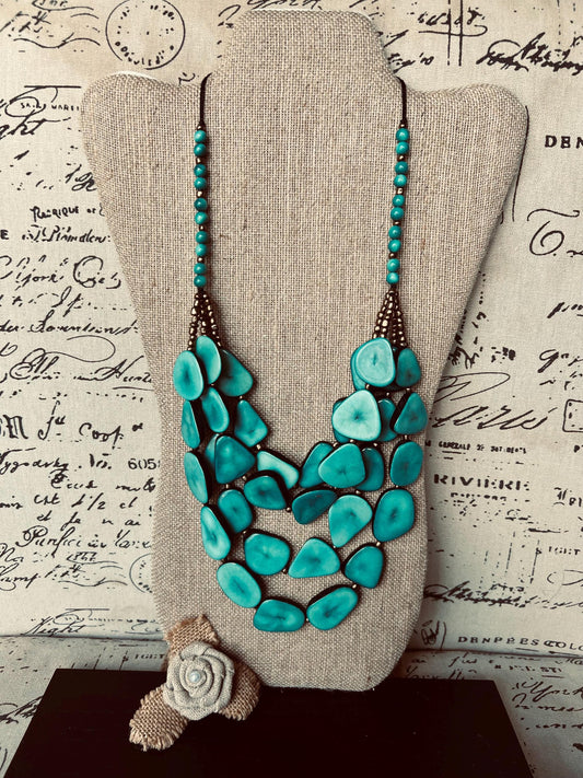 Turquoise green statement necklace Adjustable cord Tagua jewelry Big bold necklaces Multi layer beaded necklace Wearable art Fall fashion