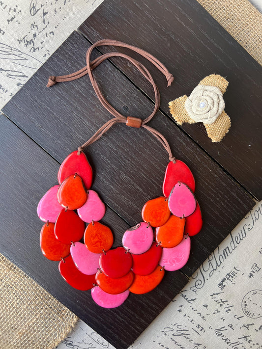 Pink orange and red multi layer beaded necklace Adjustable cord Tagua jewelry Big bold necklaces Wearable art Statement bead necklace