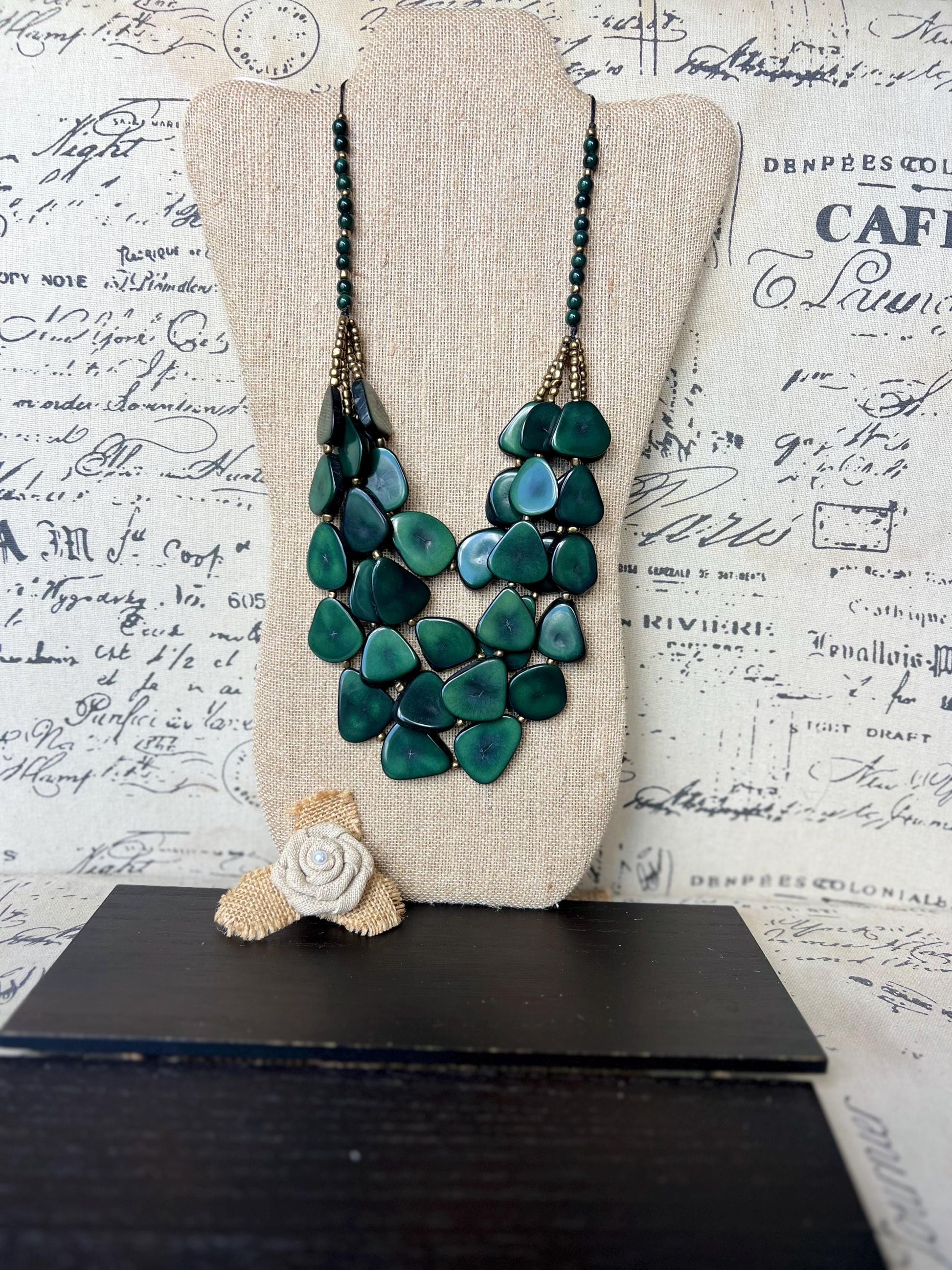 Dark green waterfall necklace Tagua jewelry Big bold necklaces Multi layer beaded necklace Fall Fashion Holidays trends Statement necklace