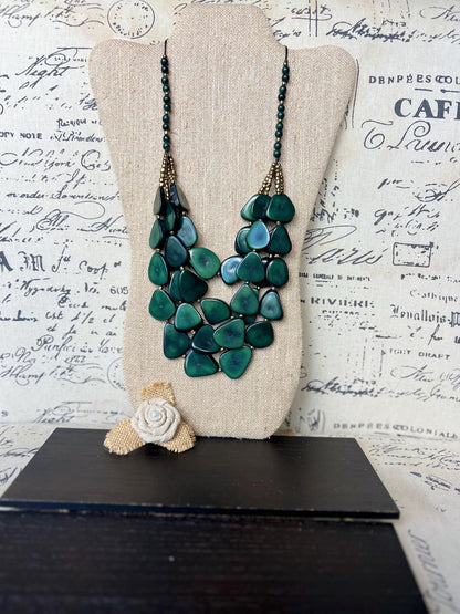 Dark green waterfall necklace Tagua jewelry Big bold necklaces Multi layer beaded necklace Fall Fashion Holidays trends Statement necklace