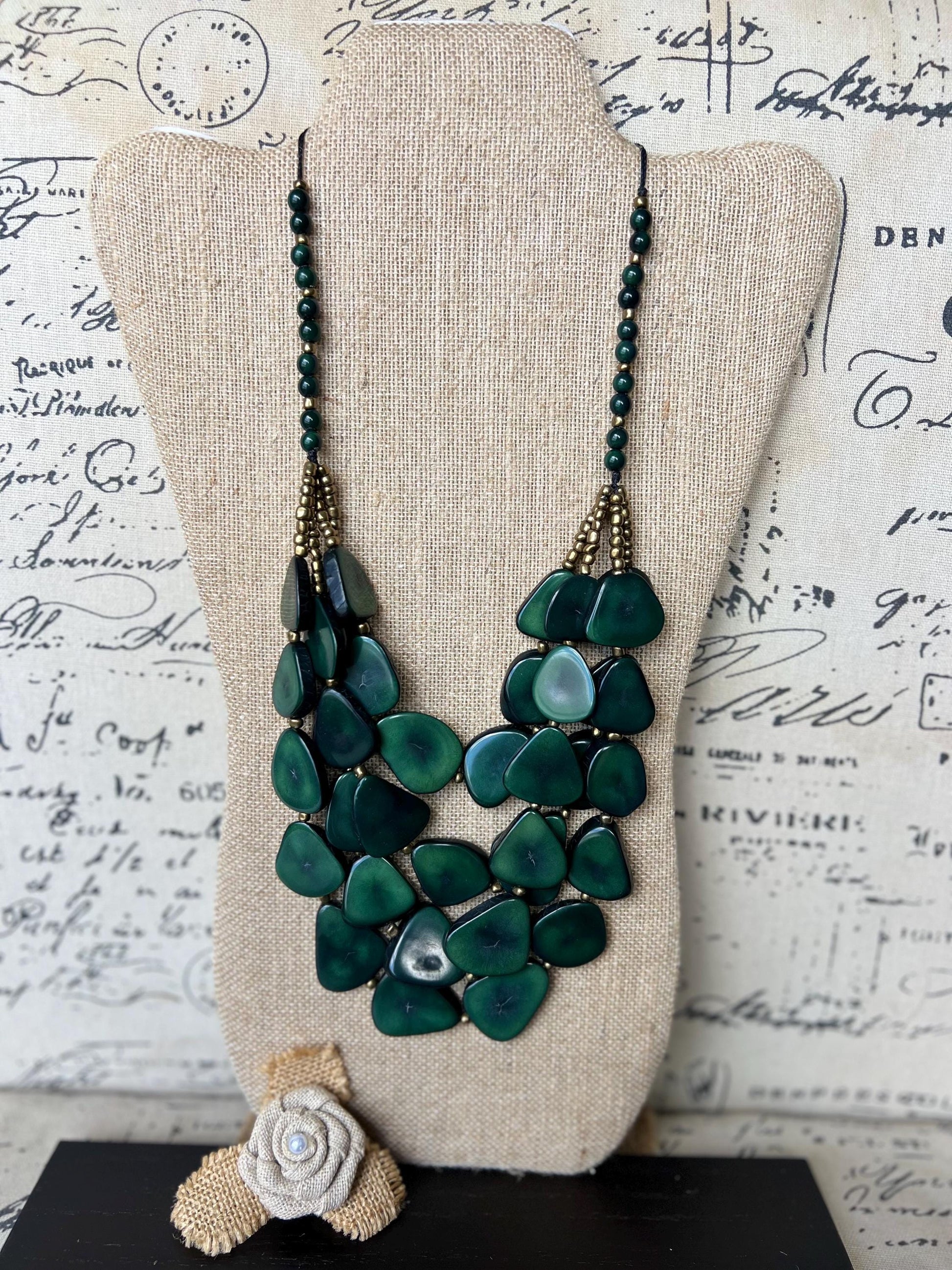 Dark green waterfall necklace Tagua jewelry Big bold necklaces Multi layer beaded necklace Fall Fashion Holidays trends Statement necklace