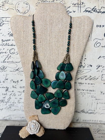 Dark green waterfall necklace Tagua jewelry Big bold necklaces Multi layer beaded necklace Fall Fashion Holidays trends Statement necklace