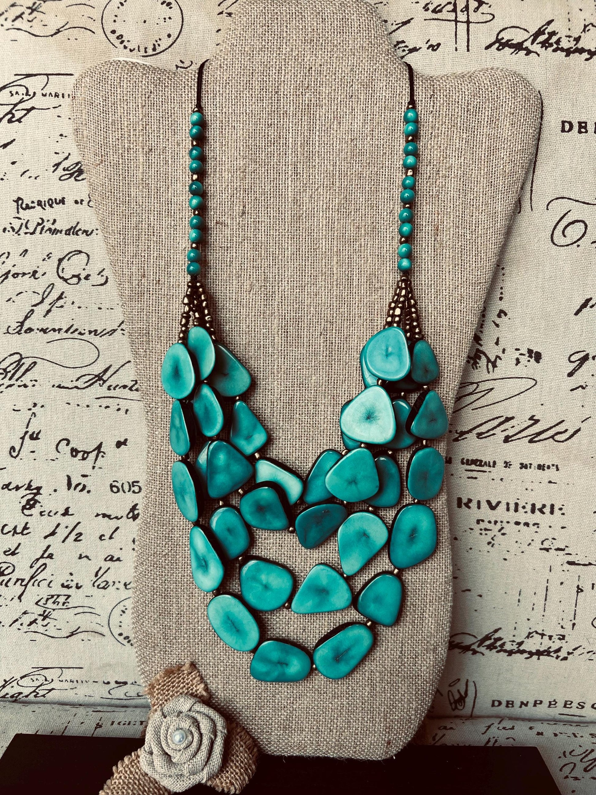 Turquoise green statement necklace Adjustable cord Tagua jewelry Big bold necklaces Multi layer beaded necklace Wearable art Fall fashion