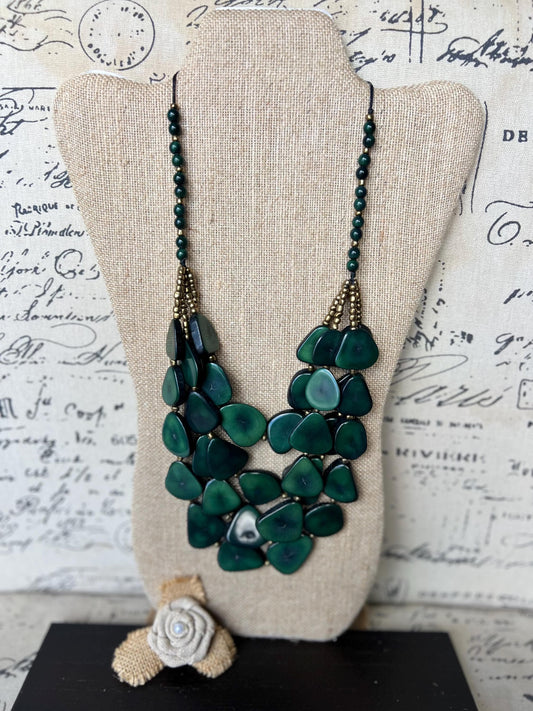 Dark green waterfall necklace Tagua jewelry Big bold necklaces Multi layer beaded necklace Fall Fashion Holidays trends Statement necklace