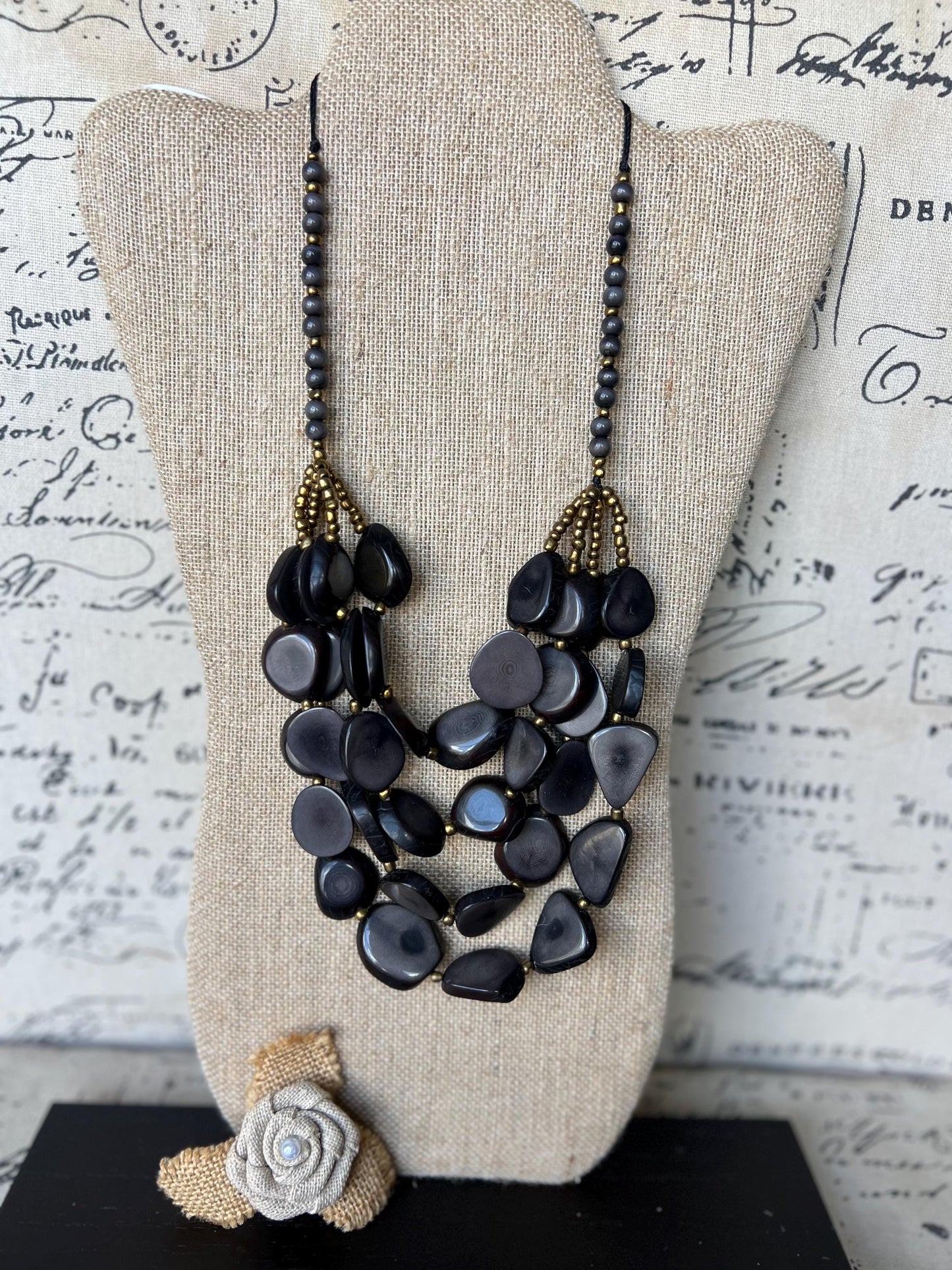 Gray multi layer statement necklace Tagua jewelry Big bold necklaces Adjustable cord Fashionable gifts Wearable art Fall fashion