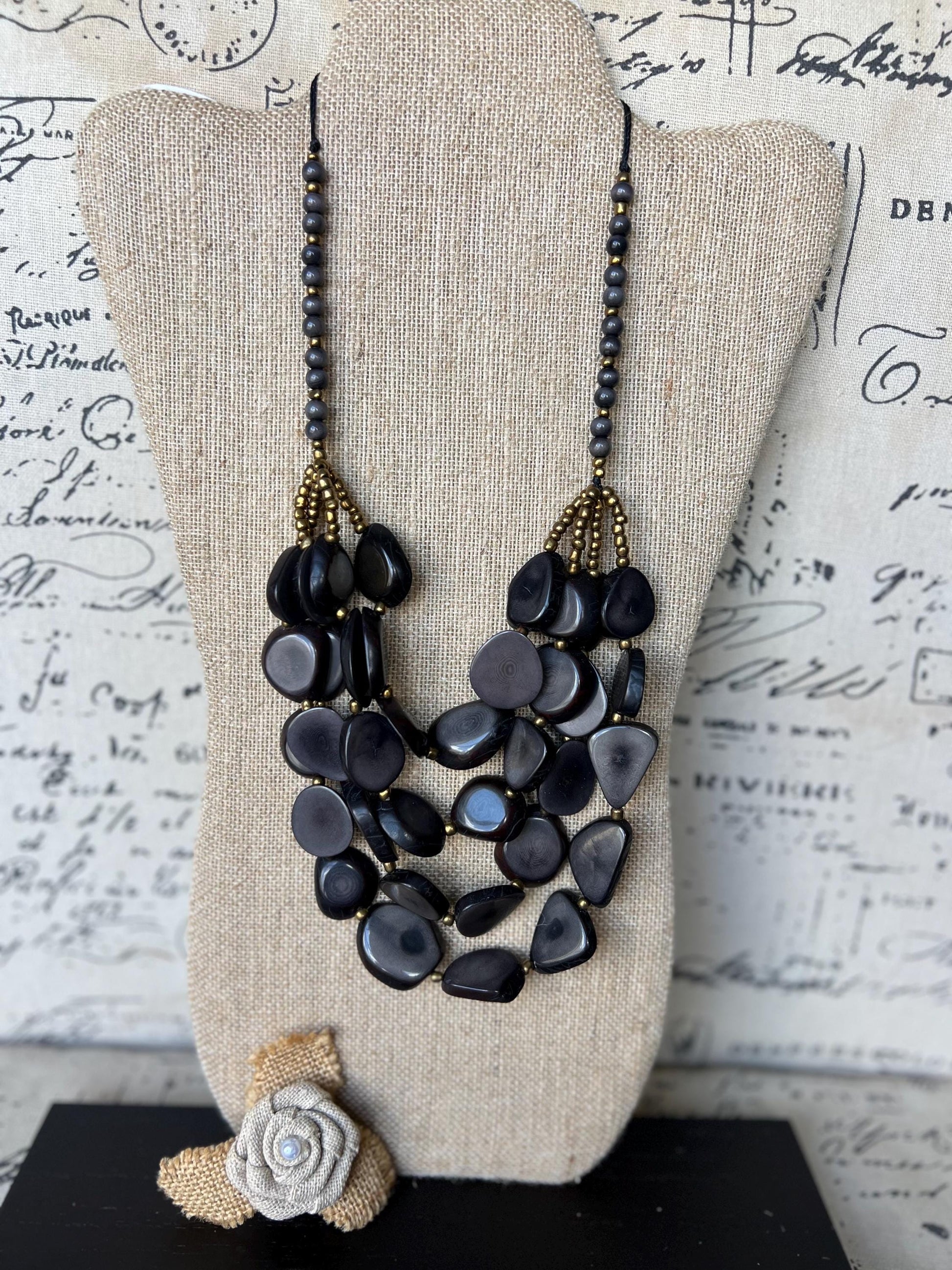 Gray multi layer statement necklace Tagua jewelry Big bold necklaces Adjustable cord Fashionable gifts Wearable art Fall fashion