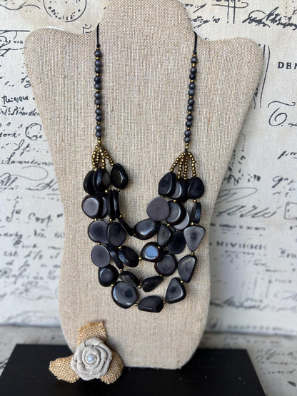 Gray multi layer statement necklace Tagua jewelry Big bold necklaces Adjustable cord Fashionable gifts Wearable art Fall fashion