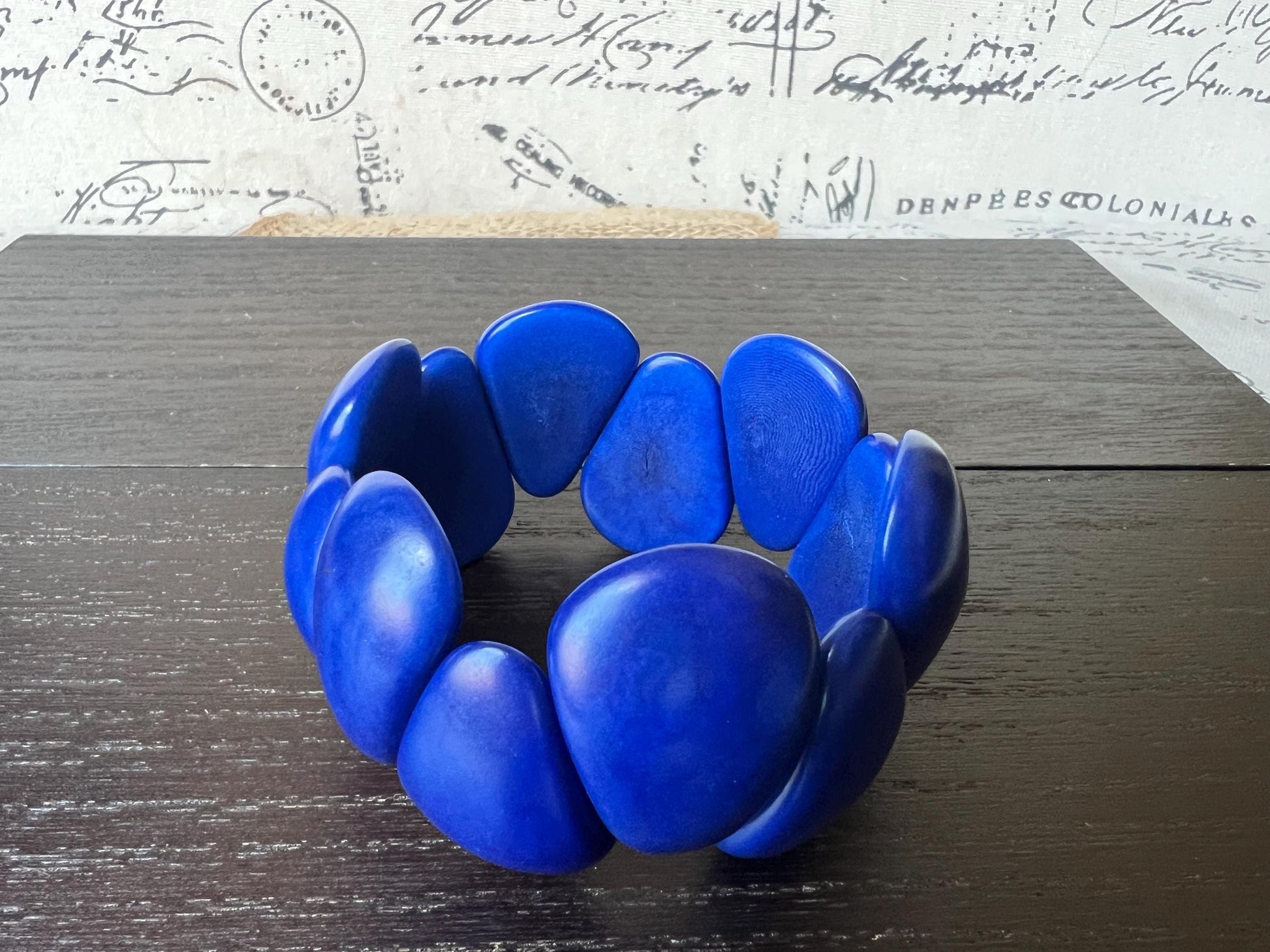 Royal blue chunky bracelet Tagua jewelry Raindrop bracelet Statement bangle Art to wear Elastic stretch chunky bracelet Fall fashion