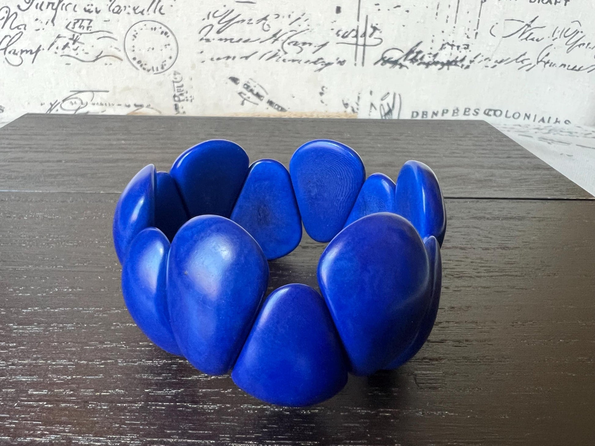 Royal blue chunky bracelet Tagua jewelry Raindrop bracelet Statement bangle Art to wear Elastic stretch chunky bracelet Fall fashion